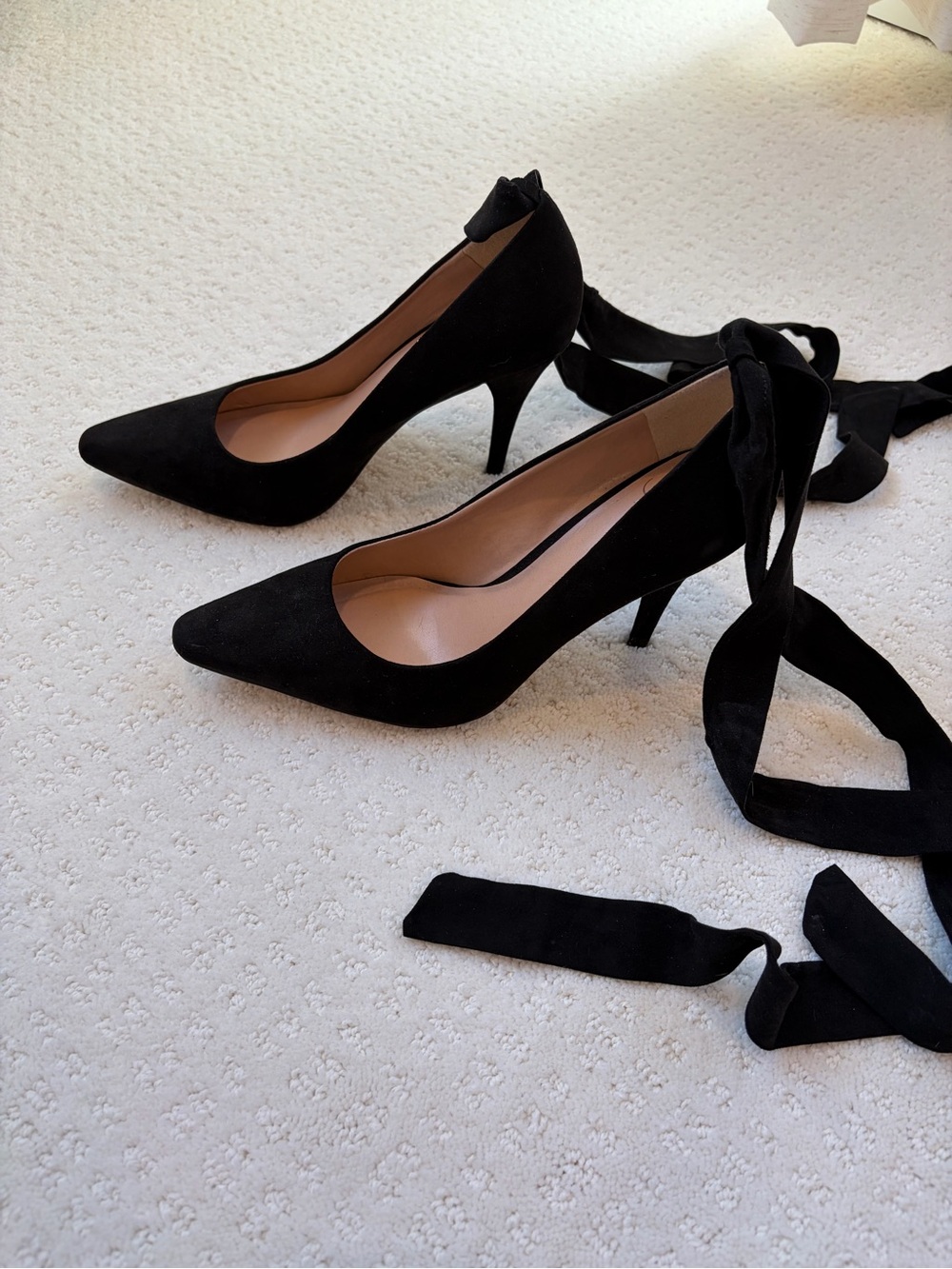 JLO Black Suede Pointed Toe Ankle Tie Pumps